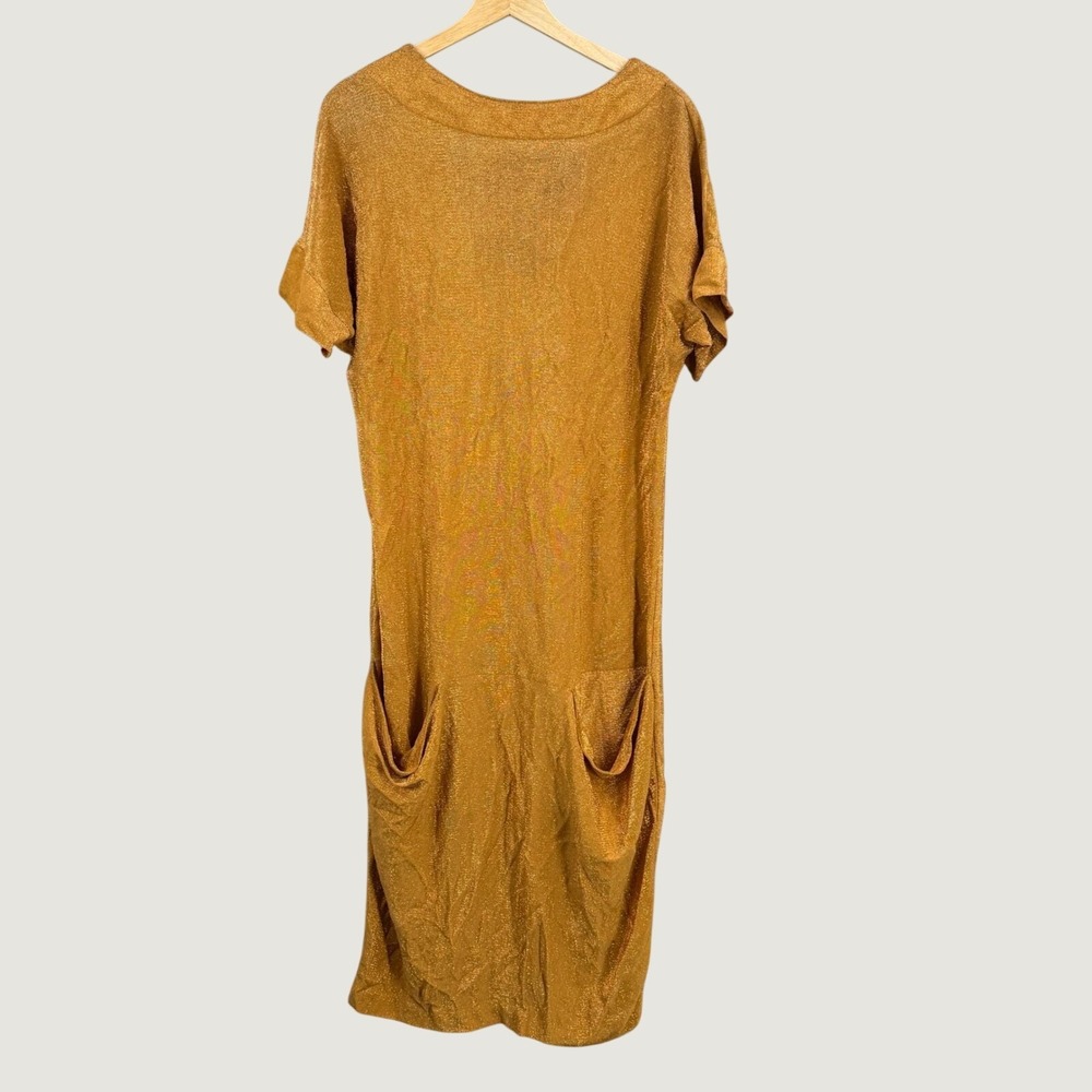 Vintage Handmade Gold Metallic Midi Dress Pockets Button Back Unbranded